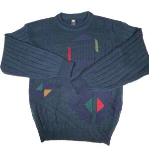 C&A Leather Geometric Pattern Crewneck Sweater Mens Size S Teal Blue
